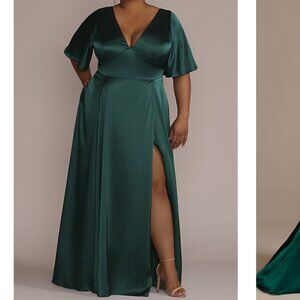 David's Bridal Deep Green Satin Maxi Dress